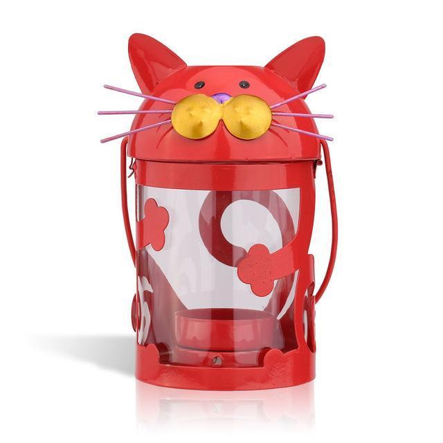 Cat Patio Decor, Cat Candle Holder In a Bright Red Color featuring Cute Cat Face and Whiskers