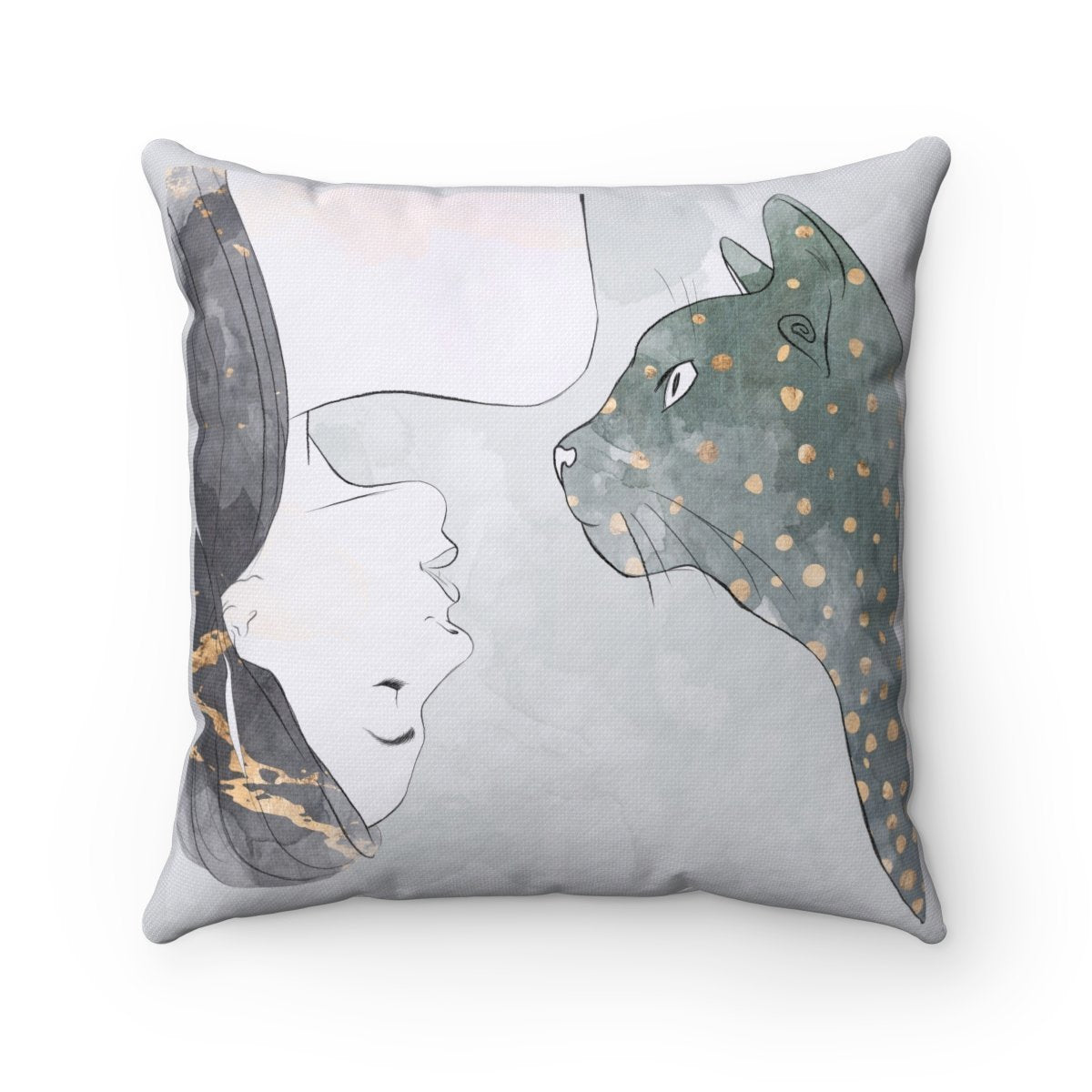 Cat Themed Bedding, Decorative Cat Pillow Featuring a One of a Kind Print of a Woman and a Tabby Cat
