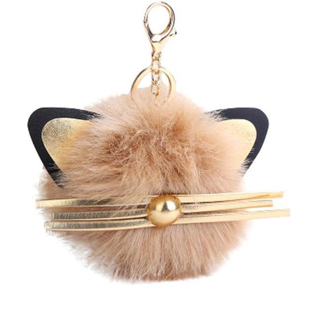 Cute Cat Keychain Made from Beige Faux Fur and Decorated with a Set of Cat Ears and Whiskers