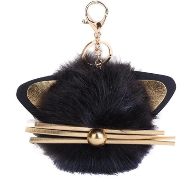 Fluffy Cat Key Chain, Fur Ball Key Chain Featuring a Pair of Pointy Cat Ears and Whiskers