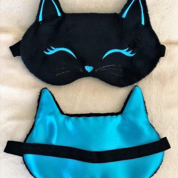 Cute cat eye sleep mask, Handmade cat sleep mask decorated with embroidered cat face and ears