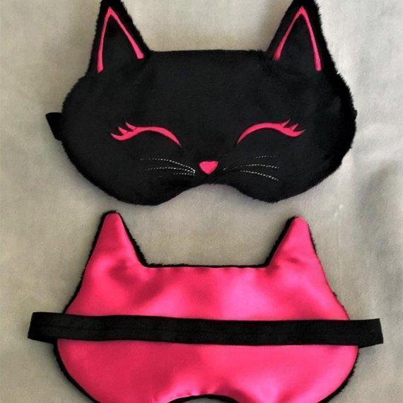 Cat themed gifts for cat owners, cat sleep mask handmade from super soft silky fabric