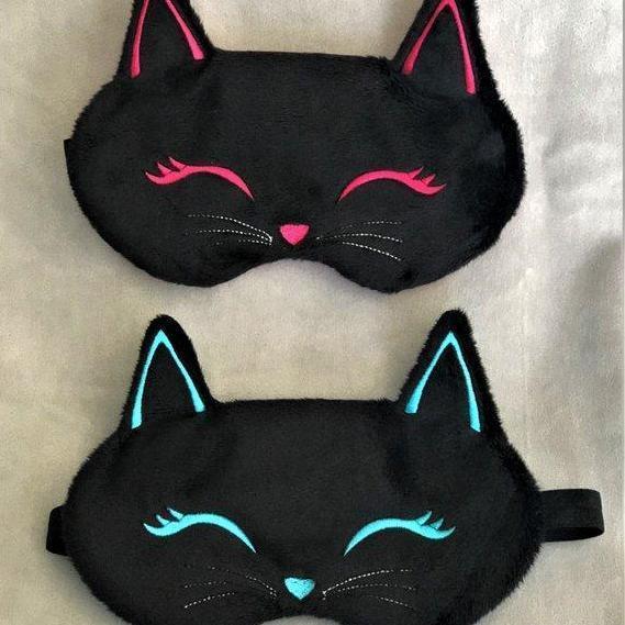 Cat presents for Cat Lovers, Cute cat sleep mask with hand embroidered ct face on a silky black fabric