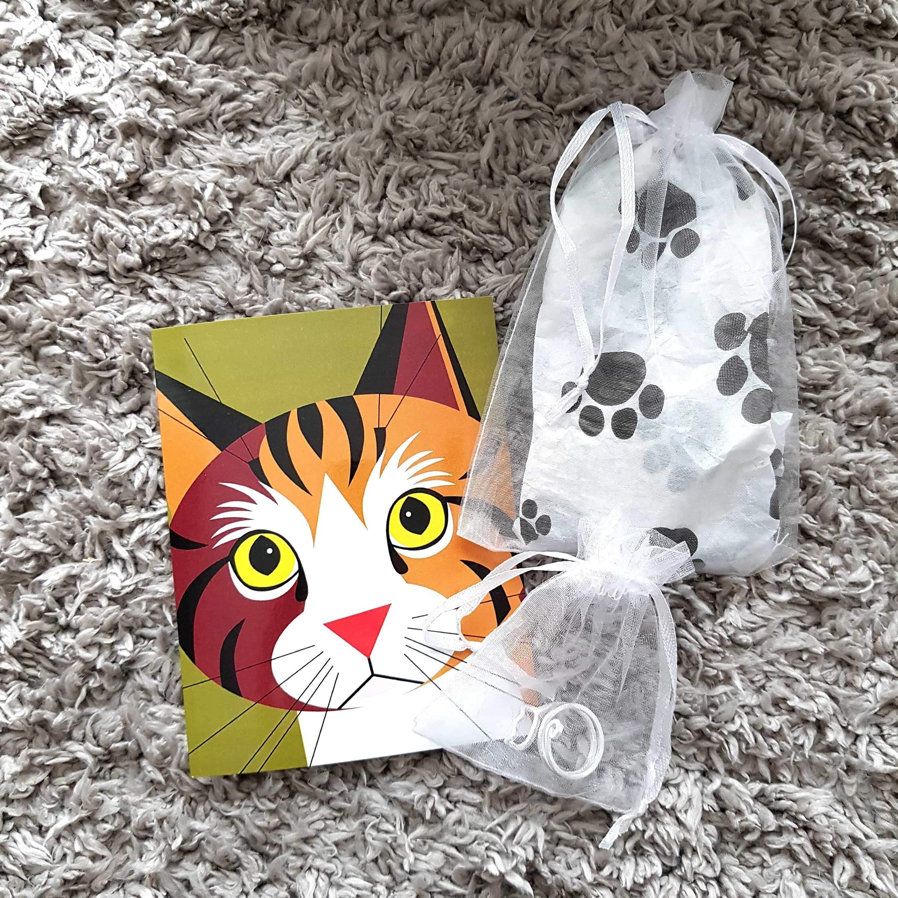 Unique cat gifts for cat people wrapped in cute gift wrap and featuring a cute cat card.