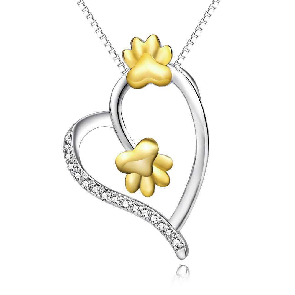Birthday Presents for Cat Lovers, Paw Print Necklace Made of Sterling Silver and Featuring a Heart-Shaped Pedant and a Pair of Two Gold-Tone Paw Prints