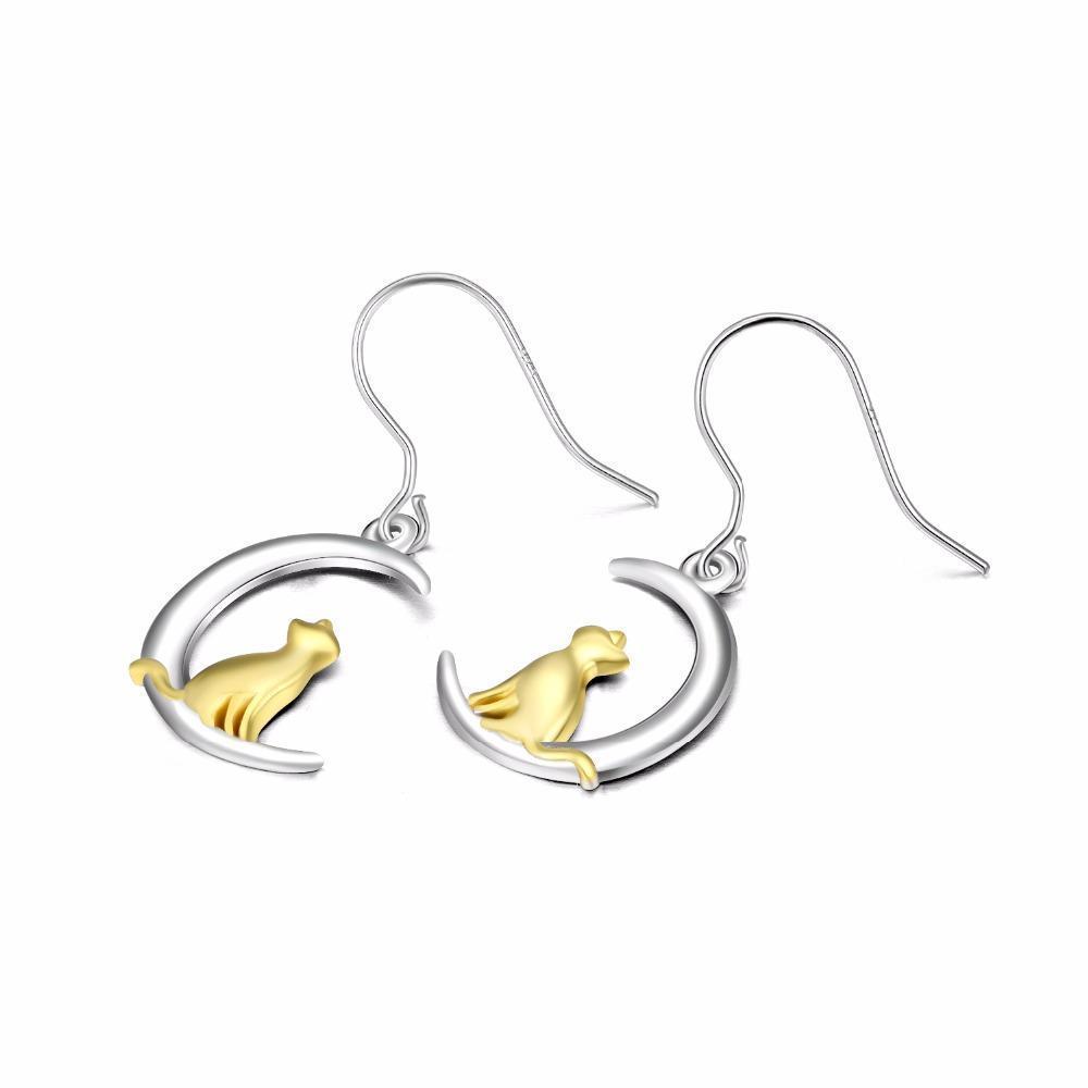 Gifts for Cat Lovers, Cat Earrings Featuring Gold-Tone Cat Perched On a Silver Moon Crescent