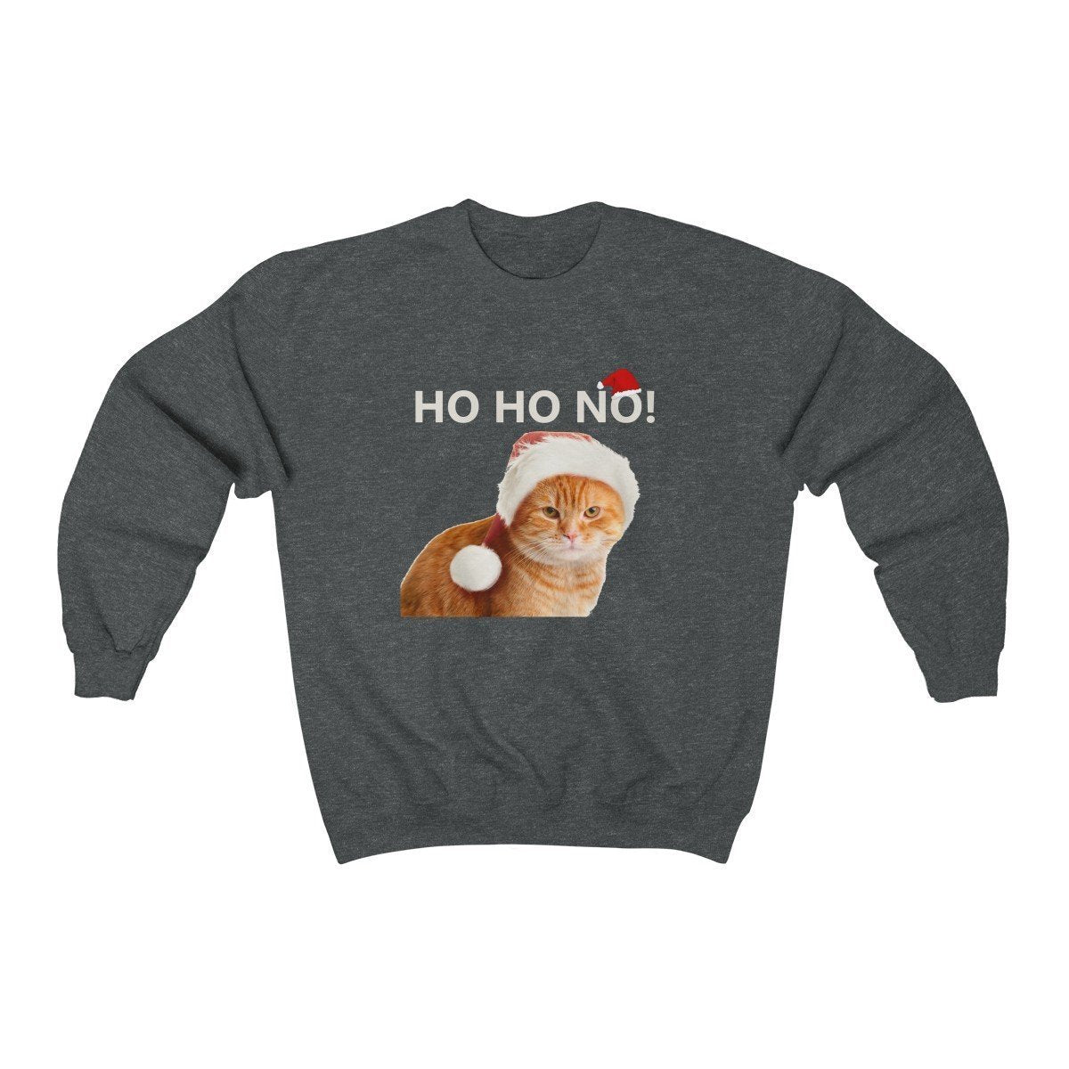 Ugly Cat Christmas Sweater Featuring a Grumpy Tabby Cat and the Print Ho Ho No
