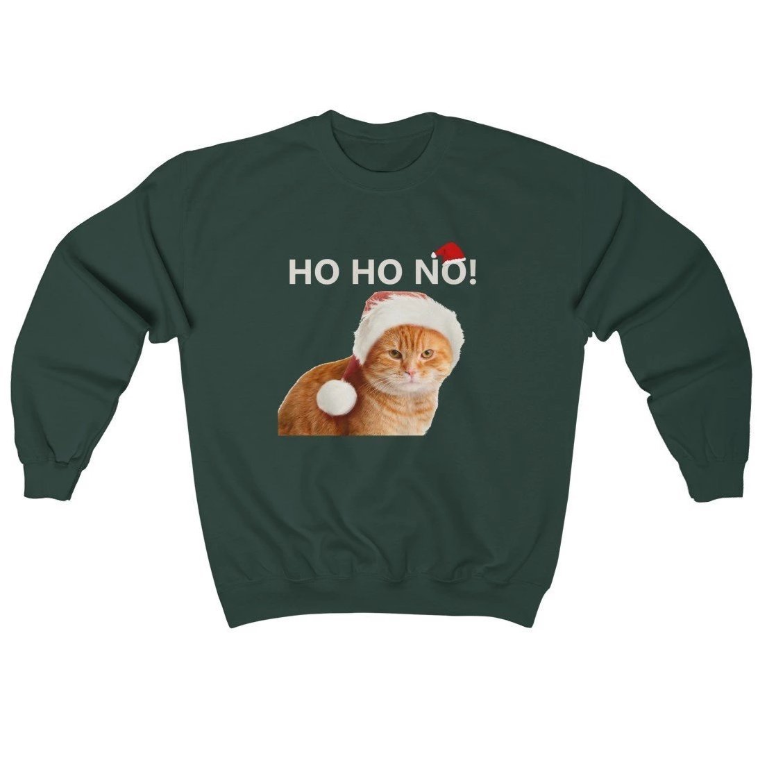 Ugly Cat Christmas Sweater, Grumpy Cat Christmas Sweater Decorated with a Cranky Cat and the Text Ho Ho No