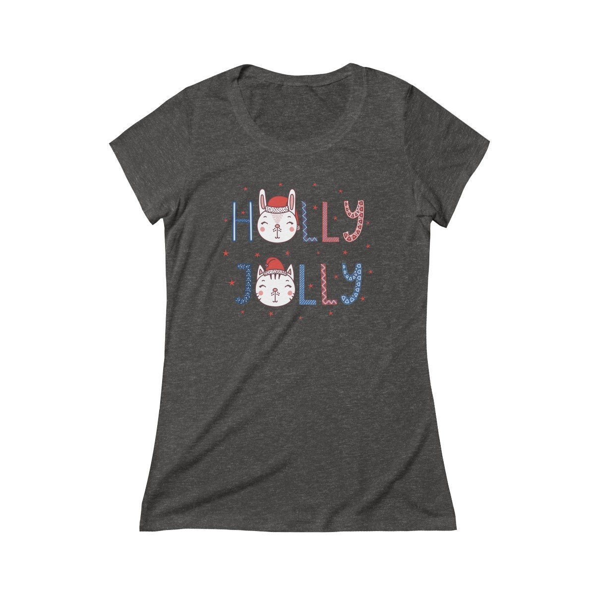 Christmas Gifts for Cat Lovers, Christmas Cat T-Shirt with the Print "Holly Jolly" and a Cute Cat Face