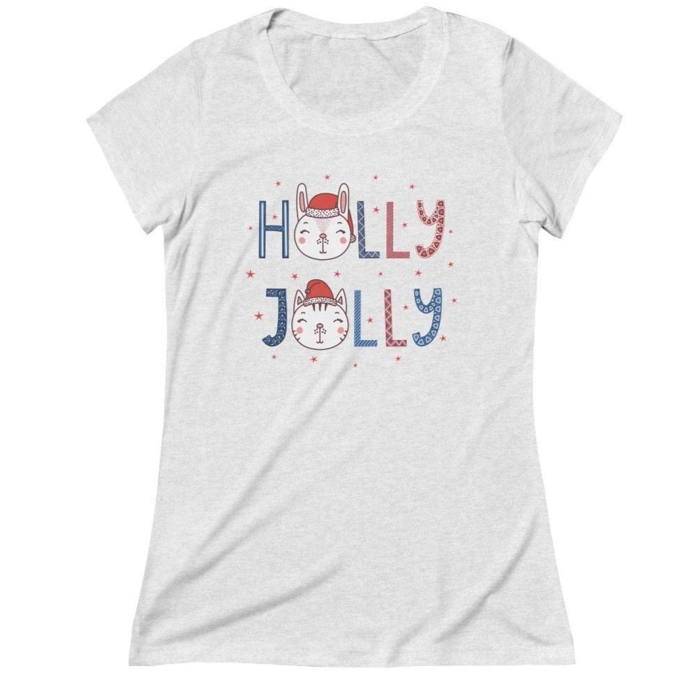 Cat Lady Gifts, Funny Christmas Cat T-Shirt Featuring a Cute Cat Face and the Text "Holly Jolly" In a Festive Print