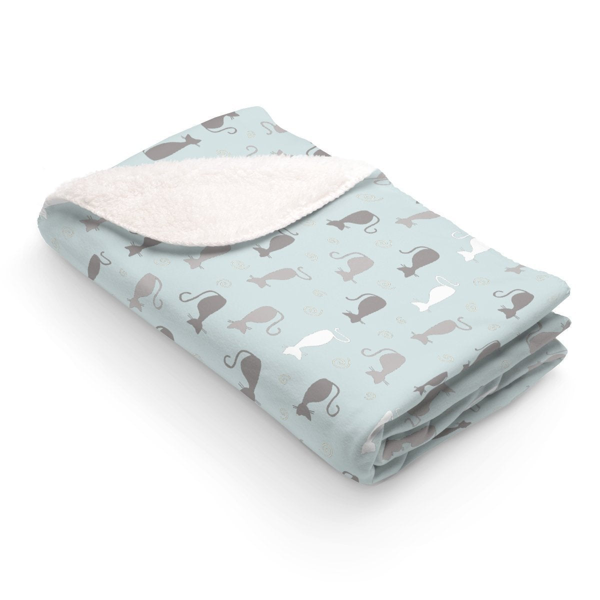 Stay cozy all year round snuggled in this unique cat blanket featuring cats in light gray, white, and blue.