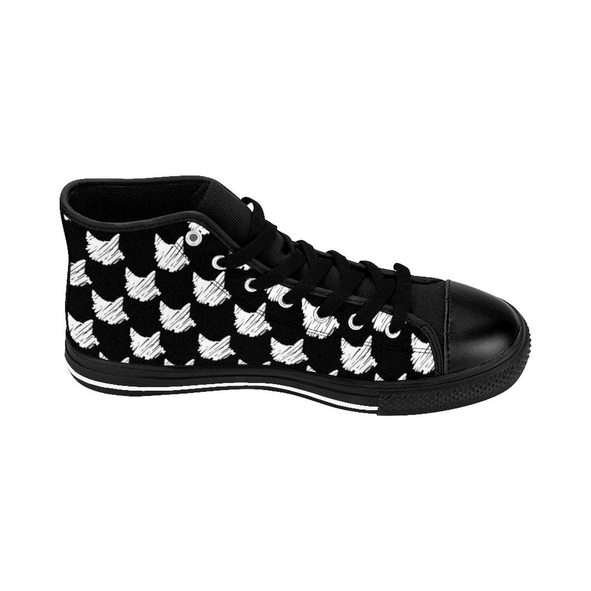 Unique Gifts for Cat Lovers, One of a Kind High-Top Cat Sneakers Featuring White Cats Printed On Black Canvas Fabric