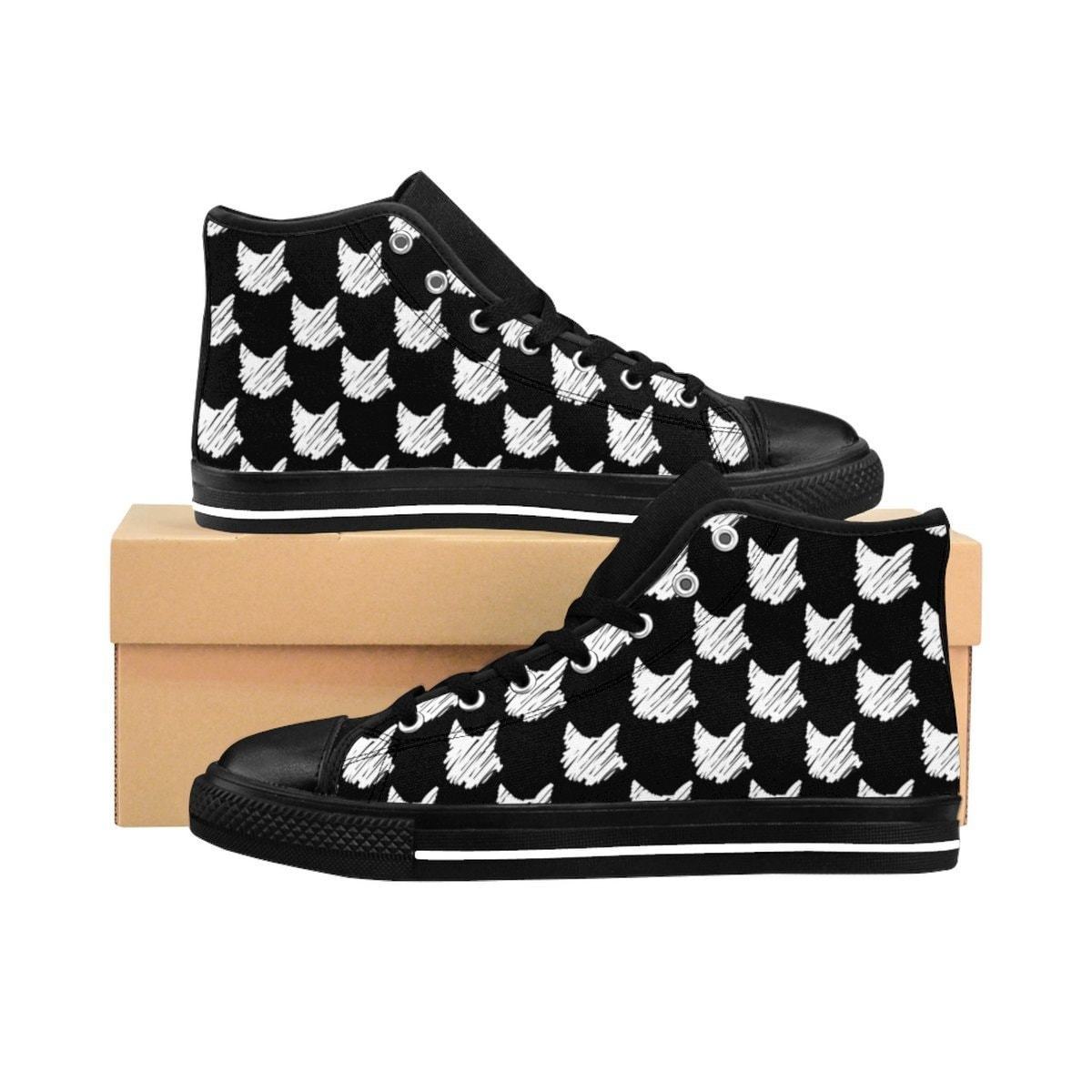 Shoes with Cats On Them, Cat Sneakers with a Unique White Cat Print On a Black Canvas Fabric