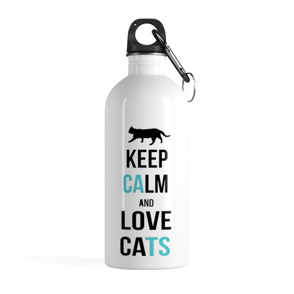 If you're looking for unique cat themed gifts, pick up this Keep Calm and Love Cats water bottle, featuring a unique black and blue print and a cat on a white background.
