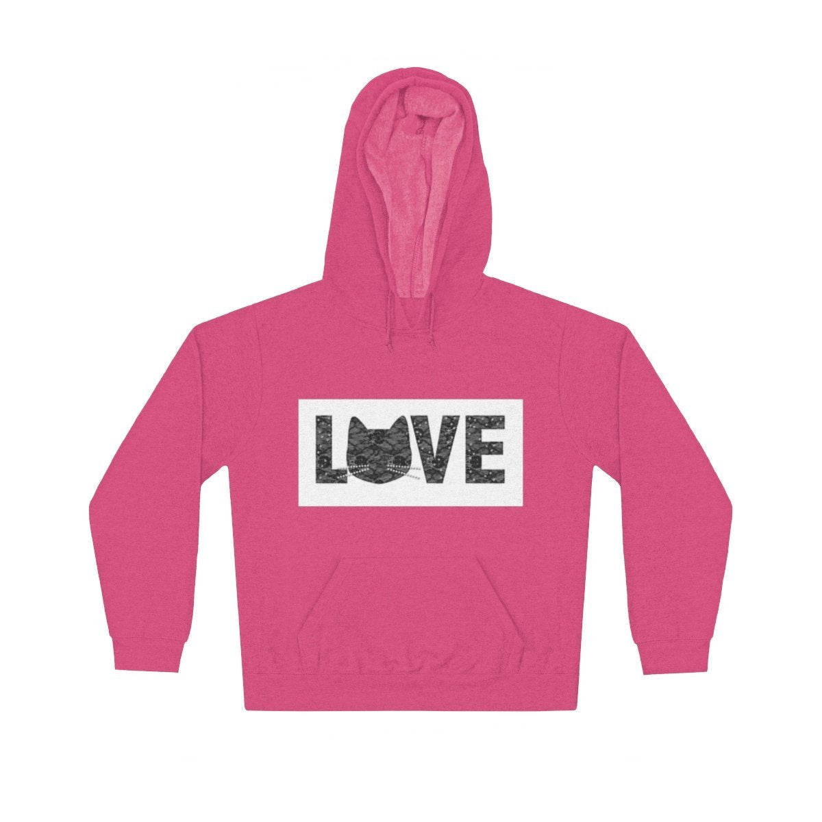 Womens clothing with cats on them, pink cat sweatshirt with the text "Love" and a cat face in lace print