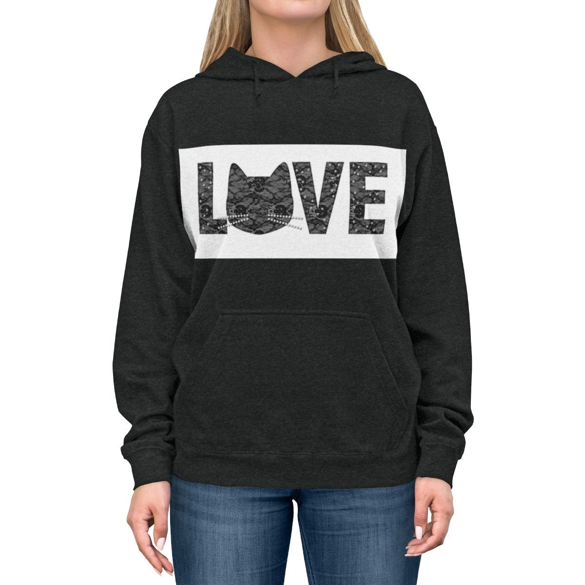 Black cat hoodie featuring the print "Love" across the front.