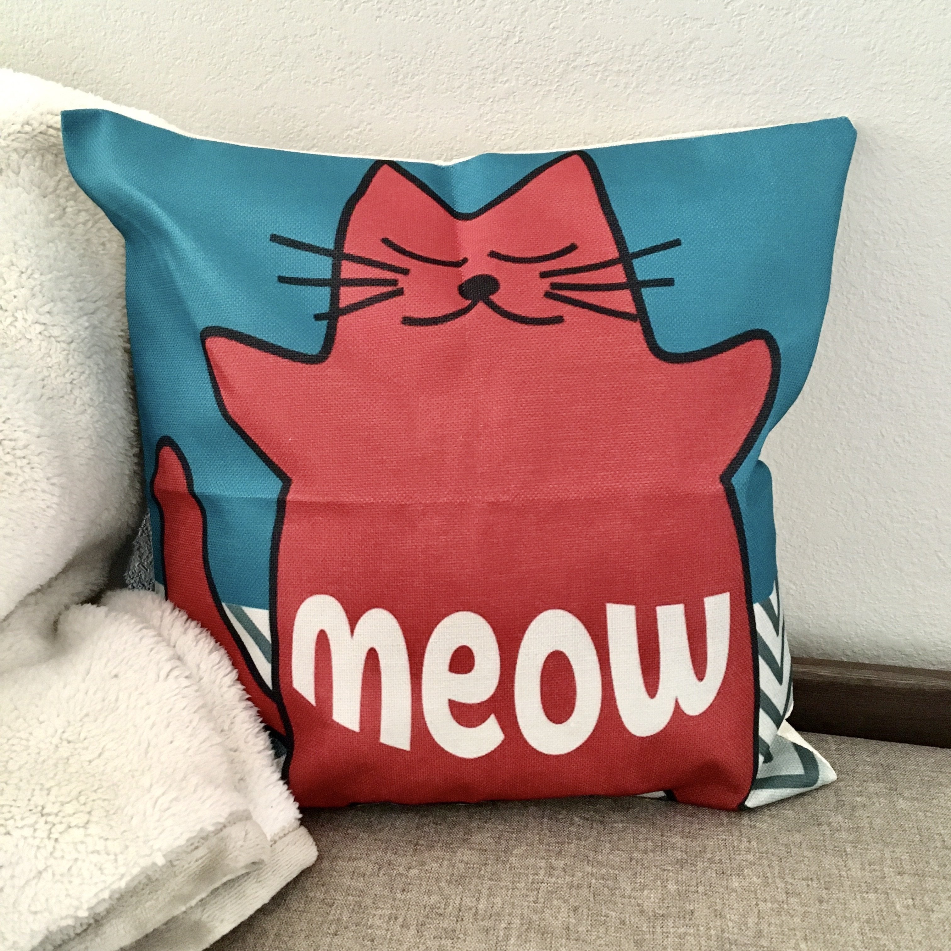 Cat Themed Throw Pillows, Cat Pillow With The Word Meow and a Pink Cat Printed On The Front