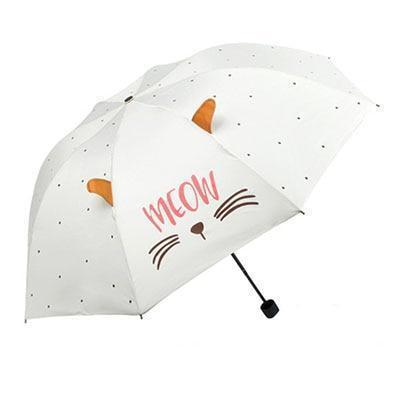 Umbrella with cats on it decorated with 3D cat ears, black whiskers, and the print "Meow".