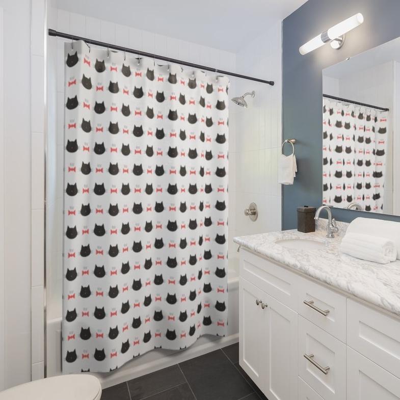 Cat Bathroom Decor, Cat Shower Curtain Featuring a Cute Black Cat Print