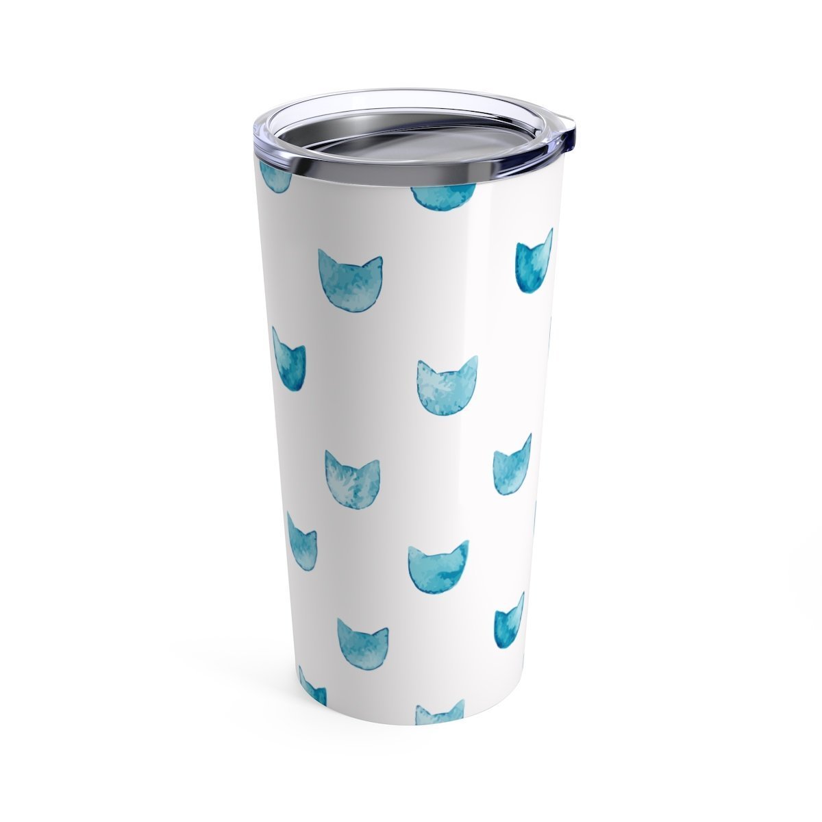 Cool Gifts for Cat Lovers, Unique Cat Tumbler Featuring Blue Cat Faces Printed On a White Background