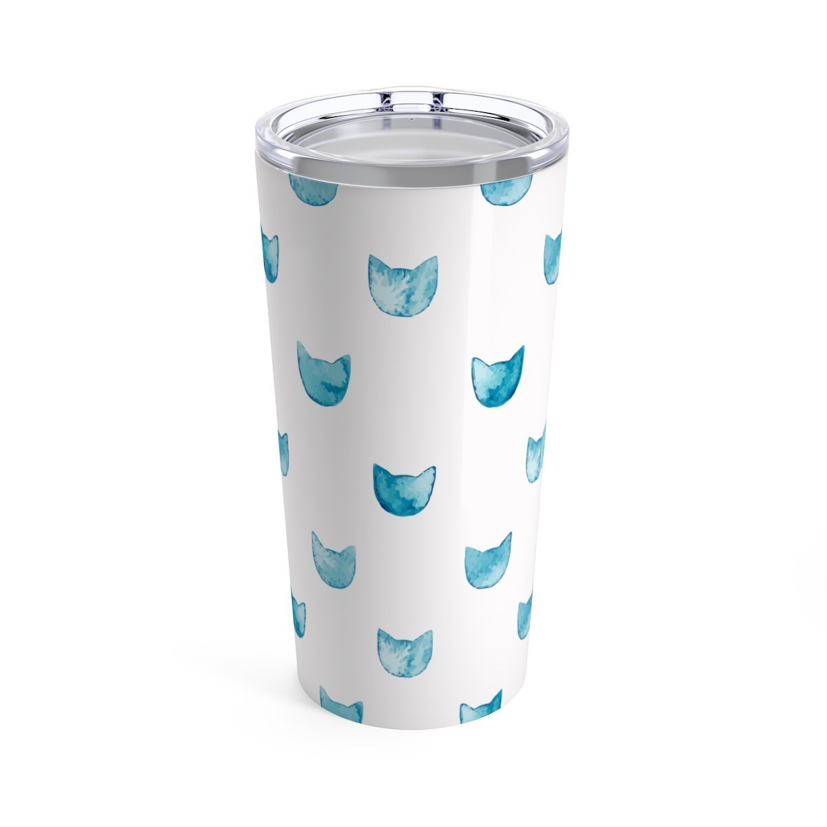 Unusual Gifts for Cat Lovers, Cat Tumbler Cup Featuring Blue Cat Faces Printed On a White Stainless Steel Background