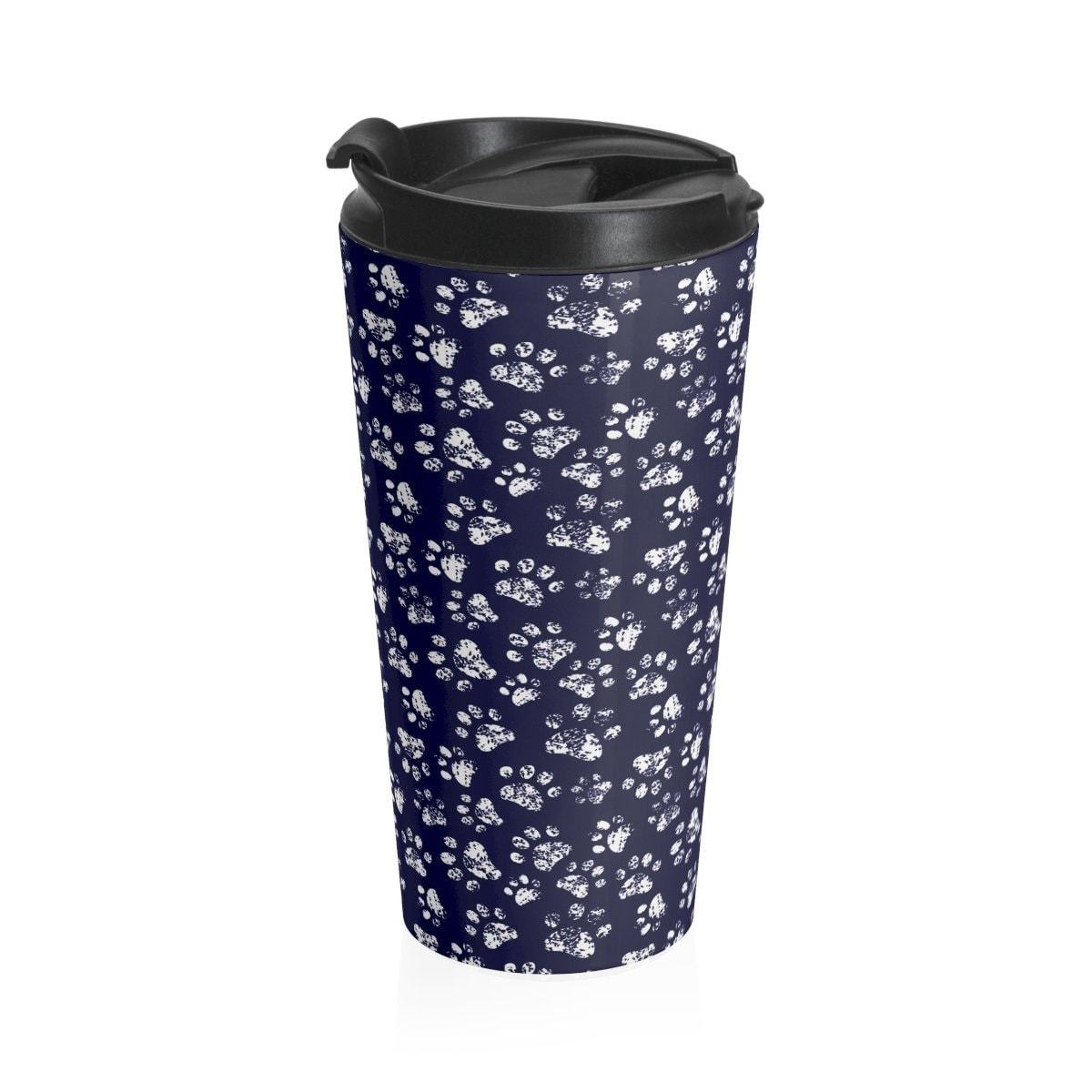Personal Gifts for Cat Lovers, Cute Travel Mug Featuring White Paw Print on a Blue Background
