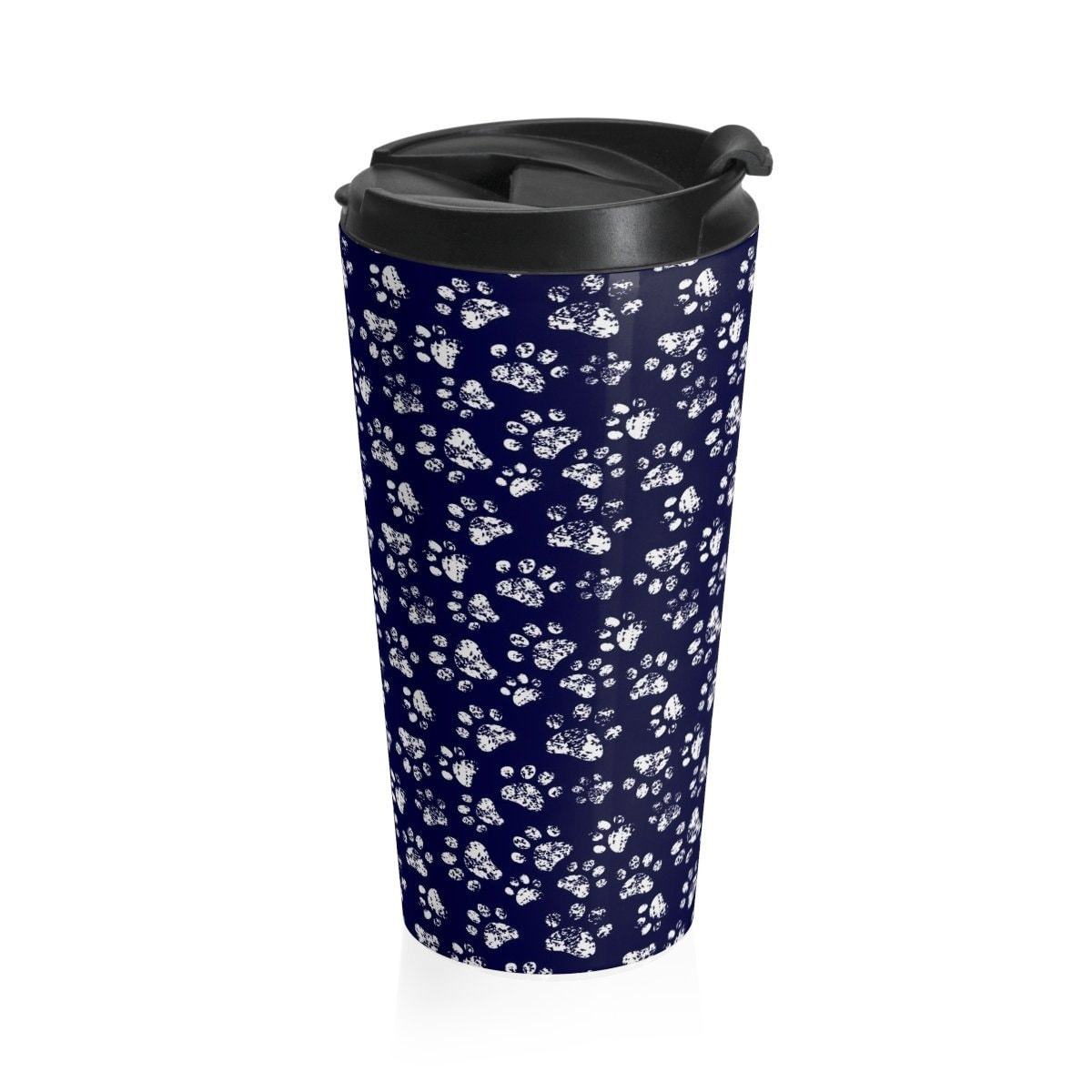 Unique Things for Cat Lovers, Cute Travel Mug Featuring White Paw Print on a Blue Background