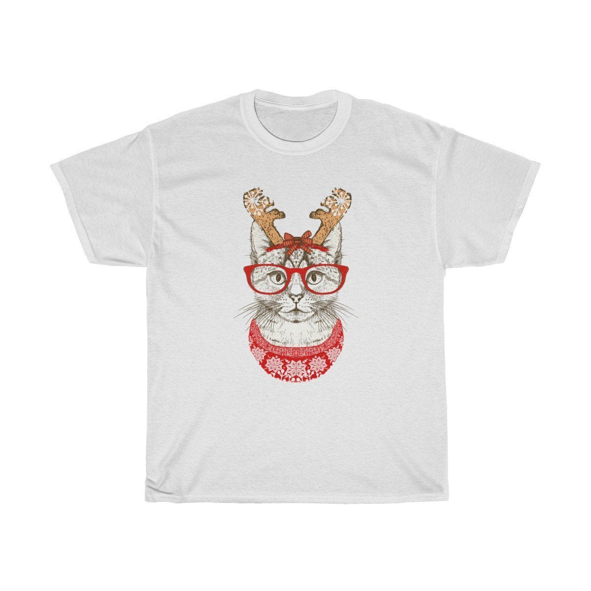 Cat Themed Gifts for Her, Christmas Cat Shirt Decorated with a Cat Wearing Glasses and Antlers