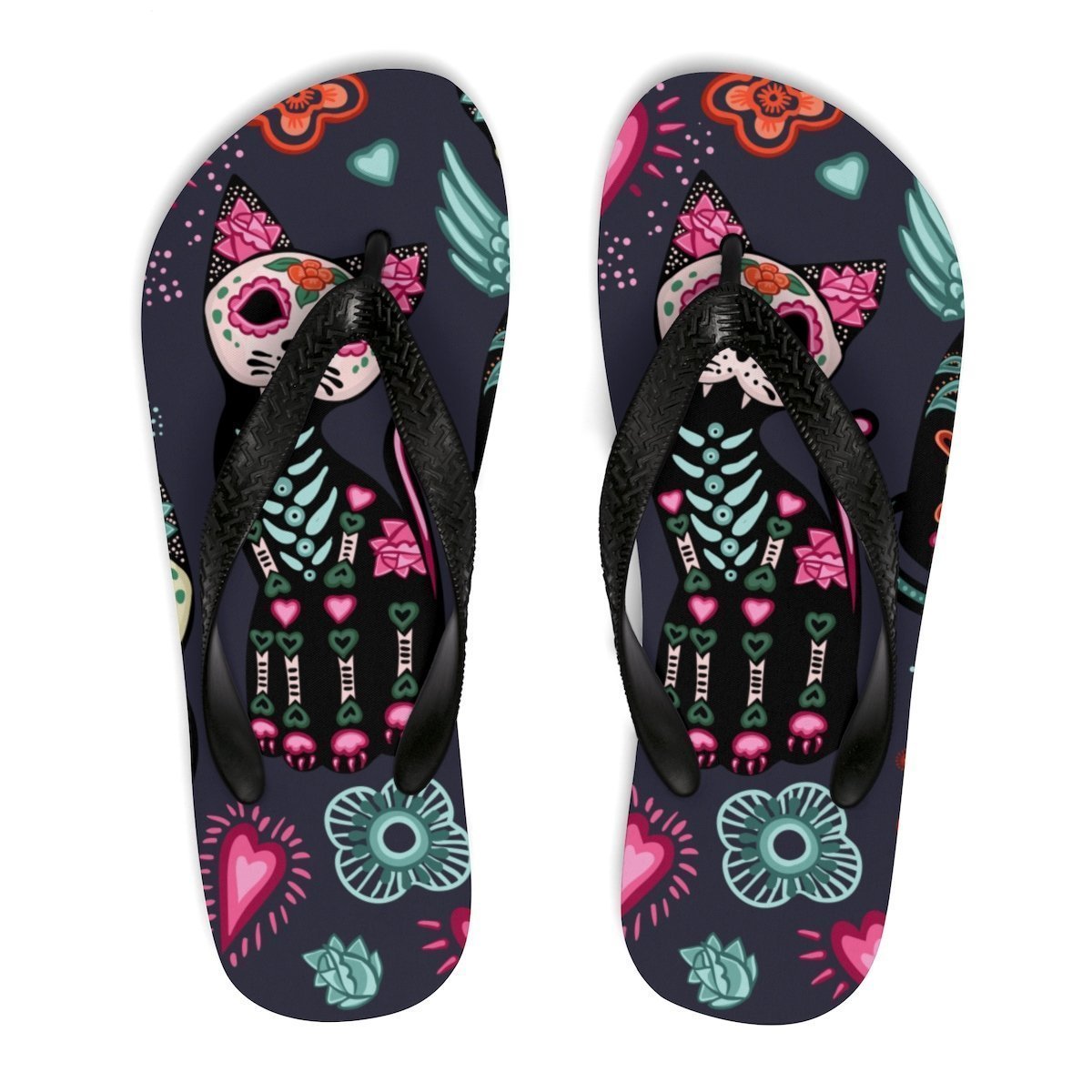 Women's Cat Shoes, Cute Cat Flip Flops Featuring Skeleton Cats Hearts and Flowers