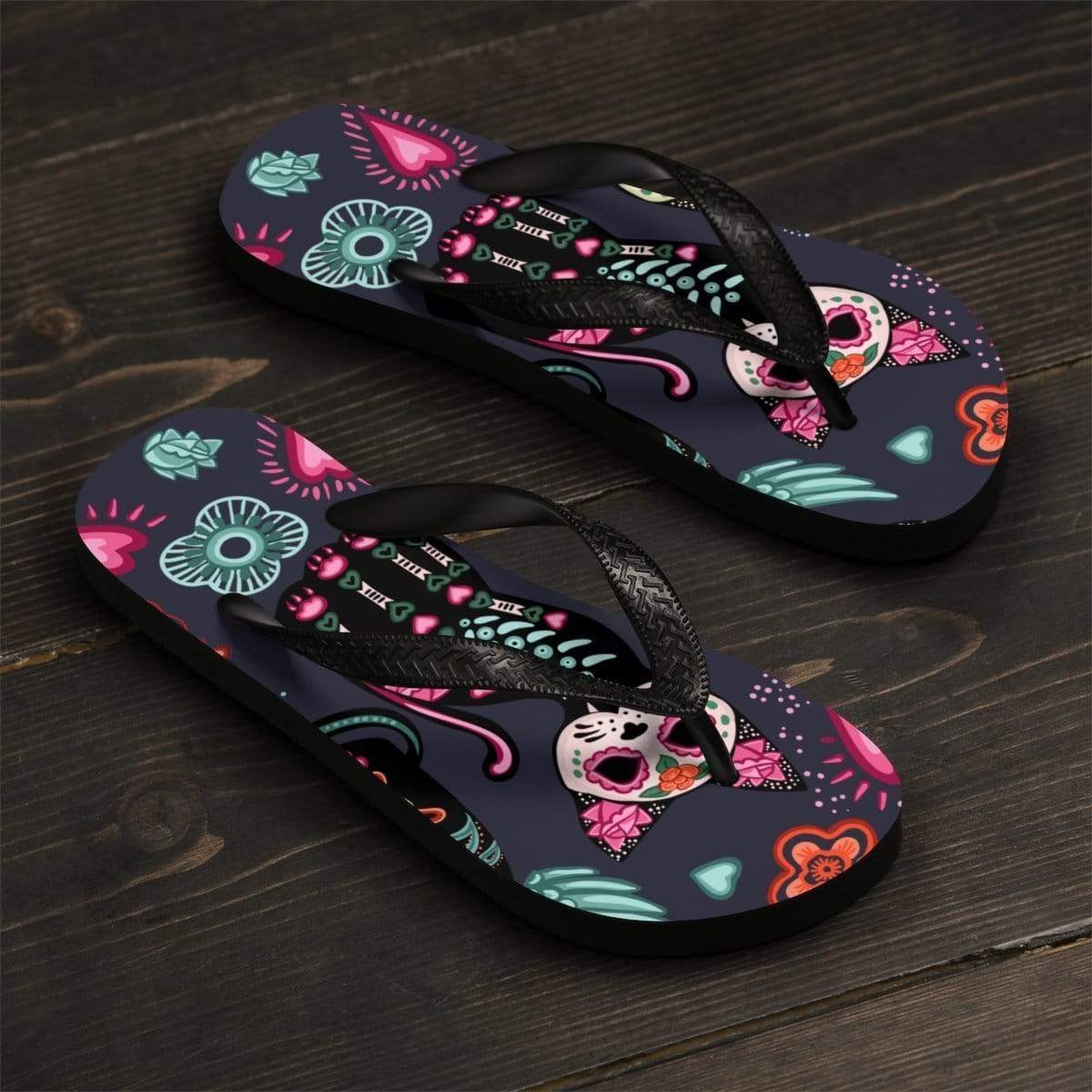 Shoes with Cats for Cat Lovers, Skeleton Cat Flip Flops Featuring Colorful Cats Hearts and Flowers