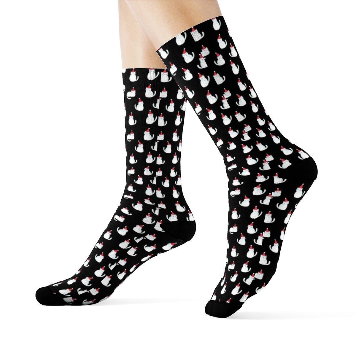 Womens Cat Socks, Cute Cat Socks Featuring Christmas Themed Print