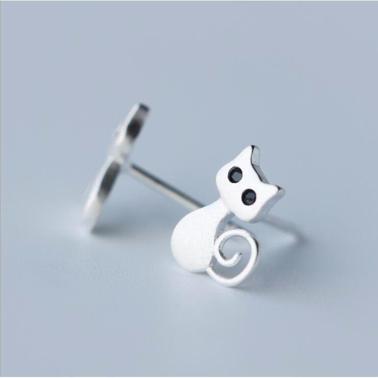 Cat Jewelry, Cute cat earrings featuring silver cats with black eyes and happy tails