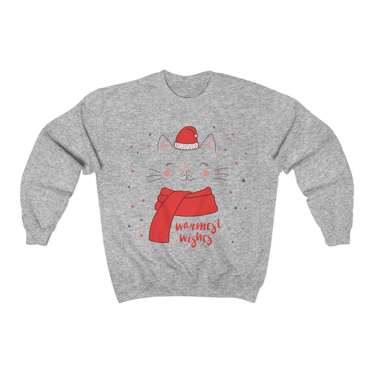 Ugly Cat Sweater, Funny Christmas Cat Sweater for Cat Lovers Decorated with a Cat Wearing a Santa Hat and the Text Warmest Wishes Printed On the Front