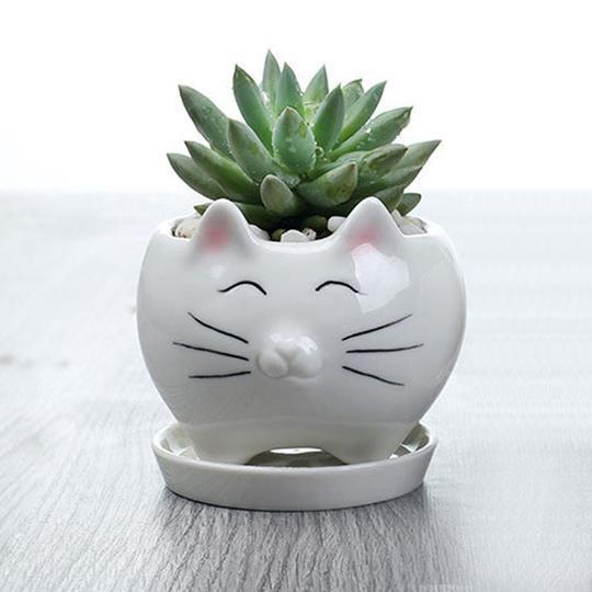 Cute Cat Related Gifts, Ceramic White Kitty Cat Pot for Succulents